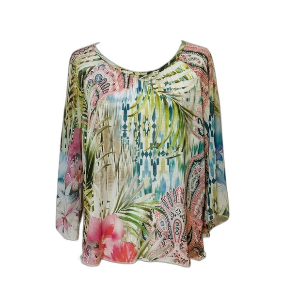 Chico's Women Size 1 US (M) Magnificent Florals Tropical Print Blouse Boho Beach - Picture 2 of 14